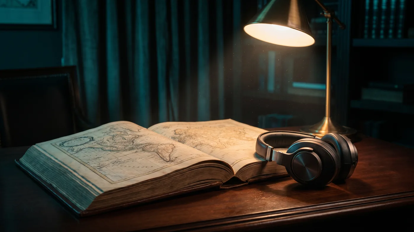 An old atlas open beside headphones in warm lamplight